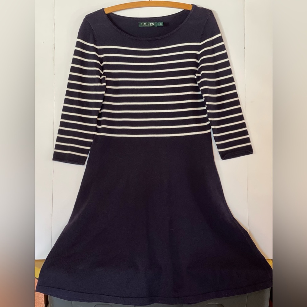 Lauren Ralph Lauren Knit Dress Blue And Stripes Mid Length, 3/4 Sleeve Size M